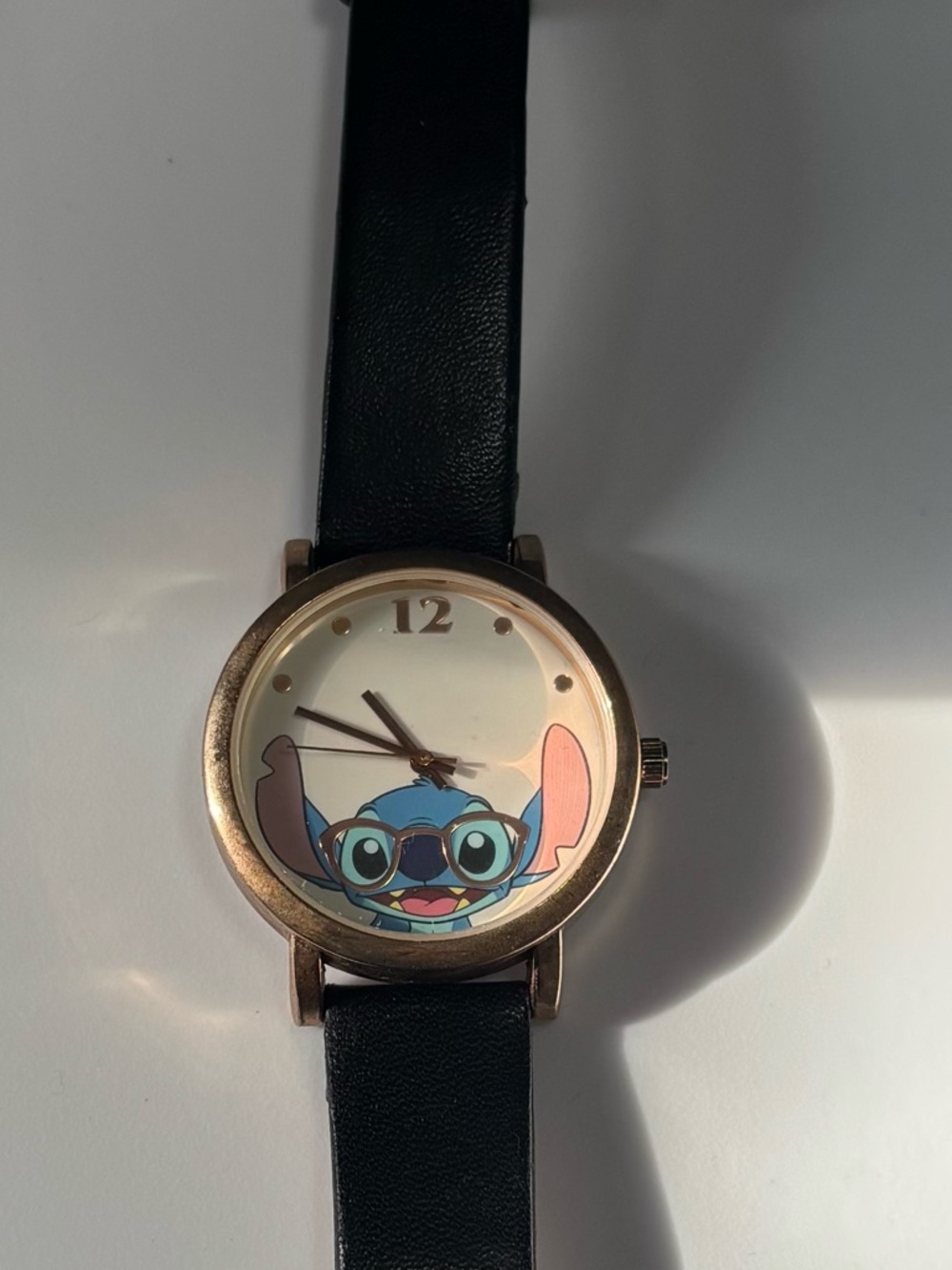 Disney Accutime Black Strap Stitch Face Watch with Rose Gold Case